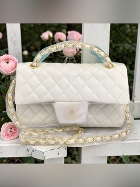 New Off White Leather Quilted Chain-Handle Crossbody Shoulder Bag Gold Hardware